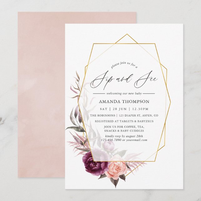 Invitation Marsala et Blush Géométrique Sip et Voir la fête (Devant / Derrière)