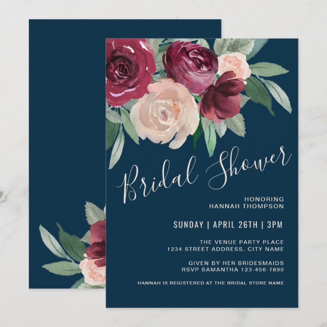 Invitation Marsala et Fête des mariées florale rose pâle (Devant / Derrière)