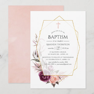 Invitation Marsala et Floral Rose Géométrique Baptême
