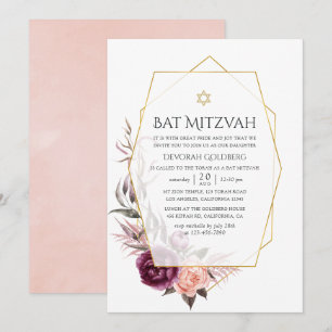 Invitation Marsala et flush Bat mitzvah géométrique