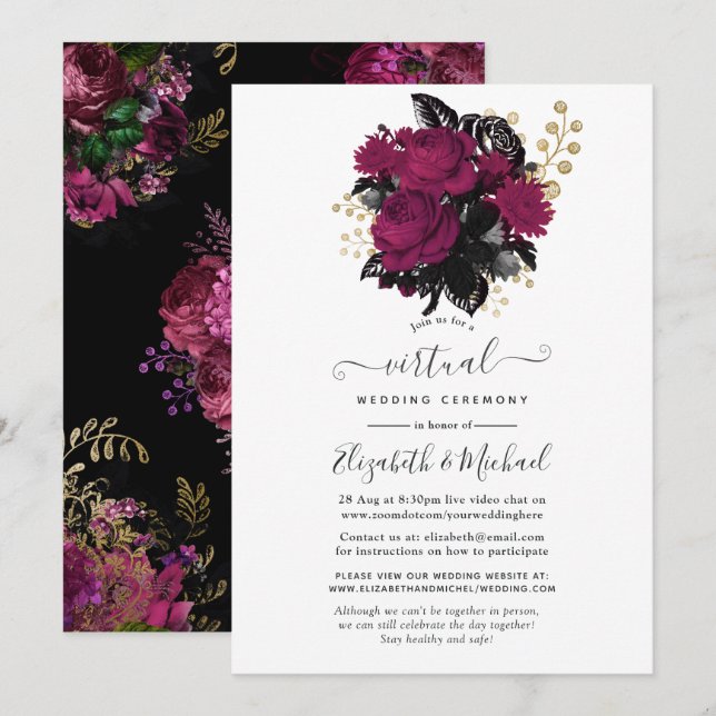 Invitation Marsala et Gold Floral Mariage virtuel (Devant / Derrière)