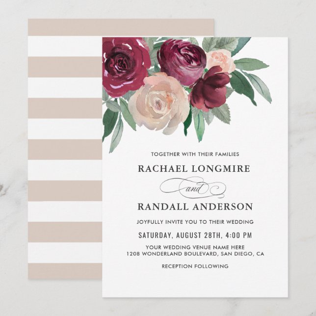 Invitation Marsala et Mariage d'aquarelle rose (Devant / Derrière)