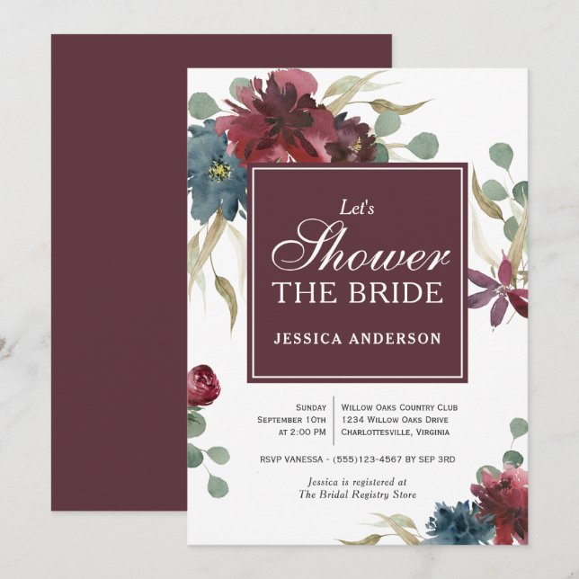 Invitation Marsala et Marine Floral Bridal Showboat Invitatio (Devant / Derrière)