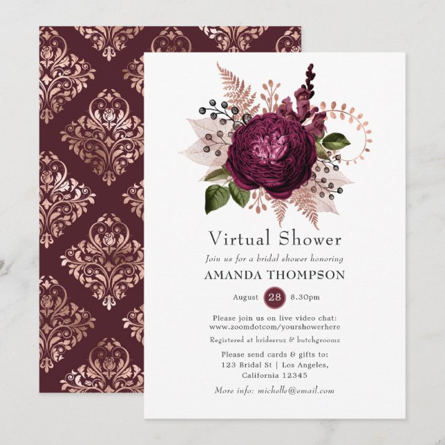 Invitation Marsala et Rose Gold Floral Douche virtuelle (Devant / Derrière)