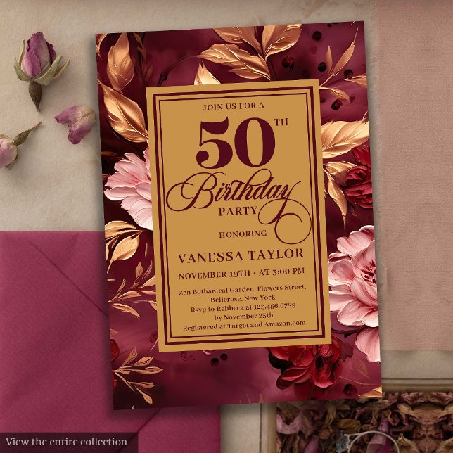 Invitation Marsala féminine blush or floral 50e anniversaire (Feminine marsala blush gold floral 50th birthday invite

)