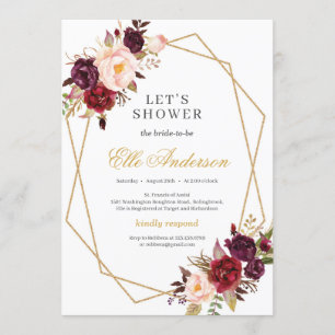 Invitation Marsala floral et or géométrique rose pâle