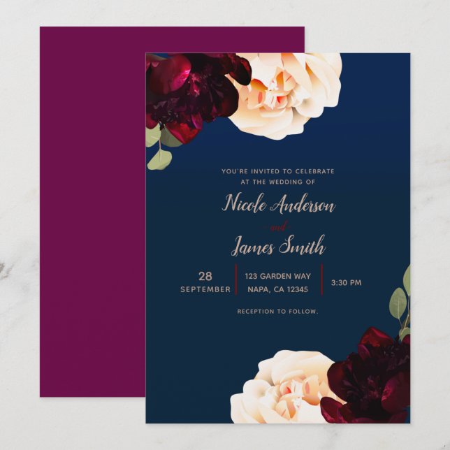 Invitation Marsala floral foncé crème & Mariage bleu marine (Devant / Derrière)
