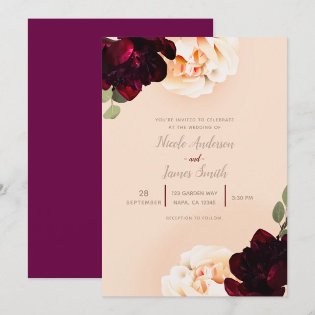Invitation Marsala floral foncé Pêcher Élégant Mariage chic (Devant / Derrière)