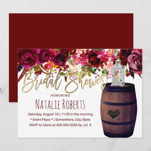 Invitation Marsala Floral Lanterne Vin Baril Fête des mariées (Devant / Derrière)