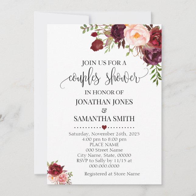 Invitation Marsala Floral Romantique Boho Chic Couple Douche (Devant)
