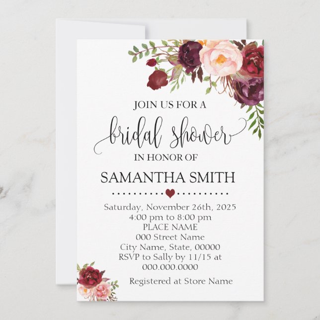 Invitation Marsala Floral Romantique Boho Chic Fête des marié (Devant)