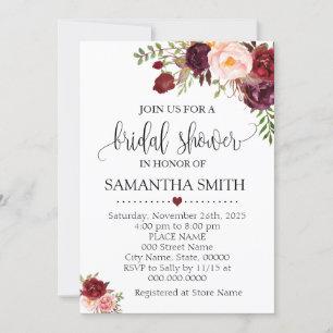 Invitation Marsala Floral Romantique Boho Chic Fête des marié