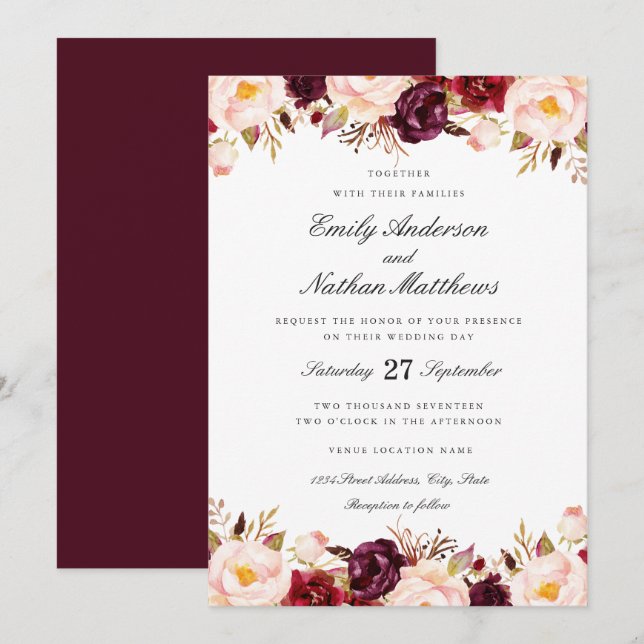 Invitation Marsala Floral Rouge Bourgogne (Devant / Derrière)