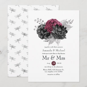 Invitation Marsala, Mariage floral noir et argent