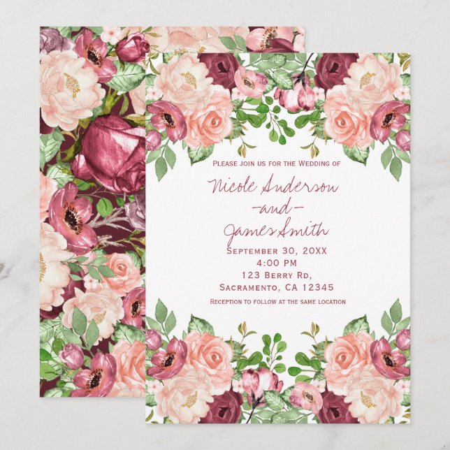 Invitation Marsala Maroon Bourgogne Rustique Floral Mariage (Devant / Derrière)
