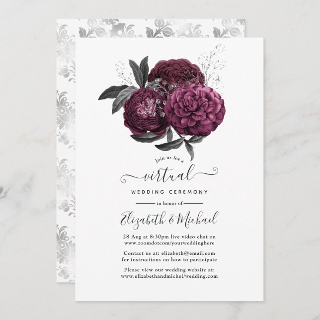 Invitation Marsala, noir et argent Floral Mariage virtuel (Devant / Derrière)