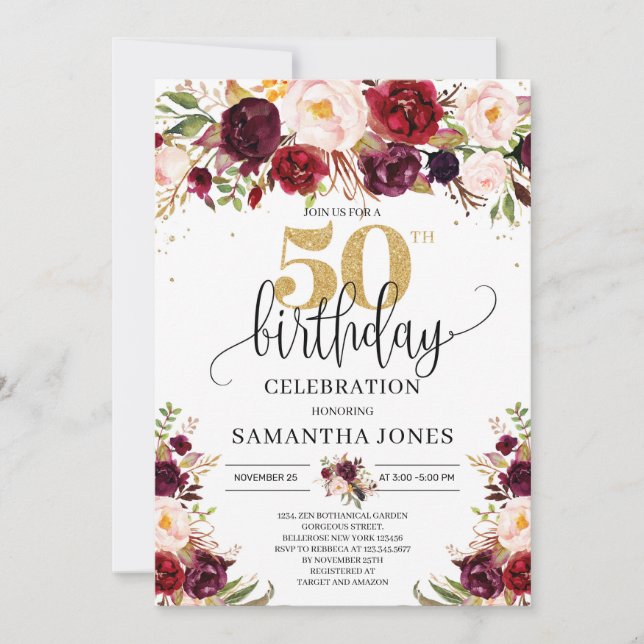 Invitation Marsala parties scintillant d'or floral bordeaux 5 (Devant)