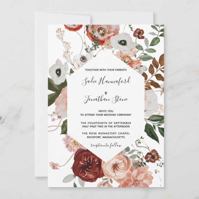 Invitation Marsala Pink Terracotta Floral Mariage géométrique (Devant)