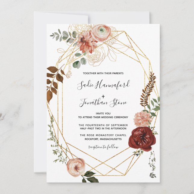 Invitation Marsala Pink Terracotta Floral Mariage géométrique (Devant)
