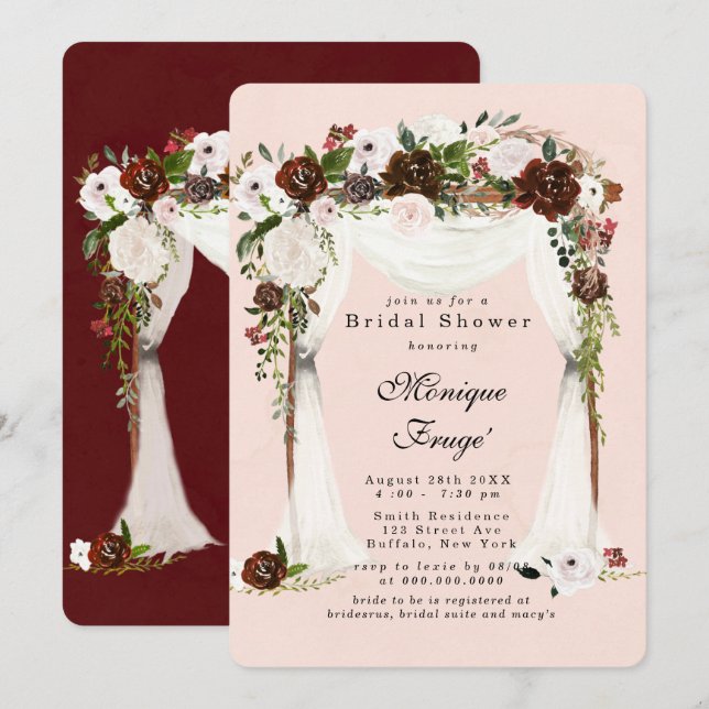 Invitation Marsala rose Floral blanc Fête des mariées (Devant / Derrière)