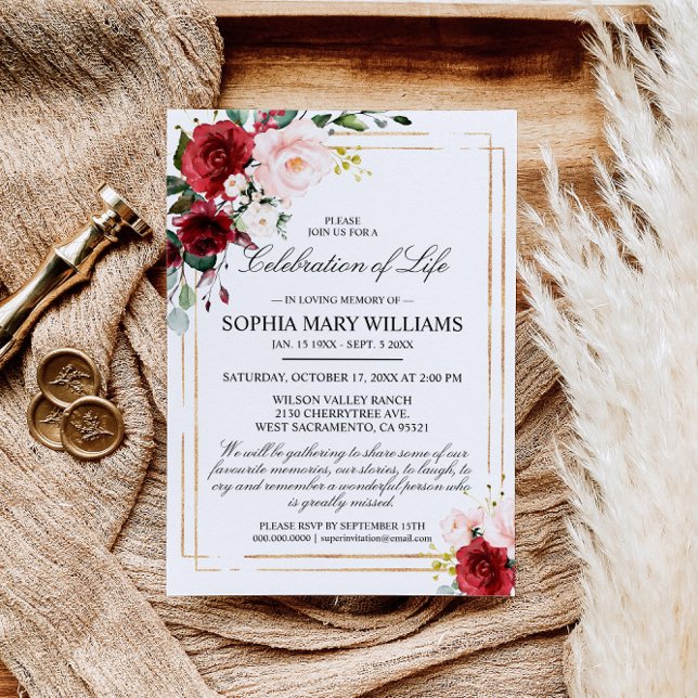 Invitation Marsala Rose & Gold Funeral Célébration de la vie (Créateur téléchargé)