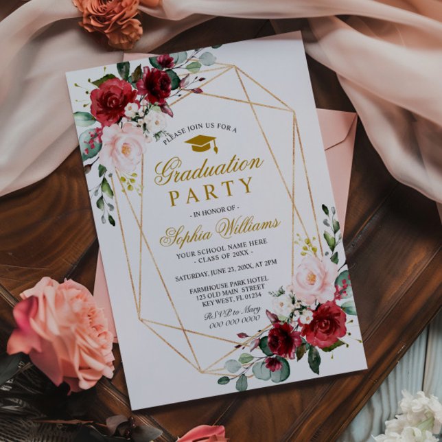 Invitation Marsala Rose Graduation Party Girly Floral (Créateur téléchargé)