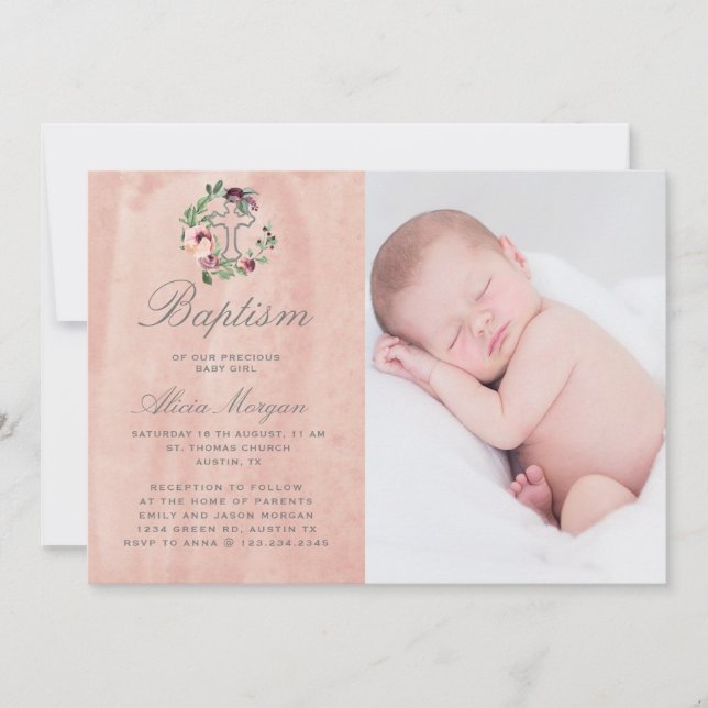 Invitation marsala rose rousse floral élégant baptême (Devant)
