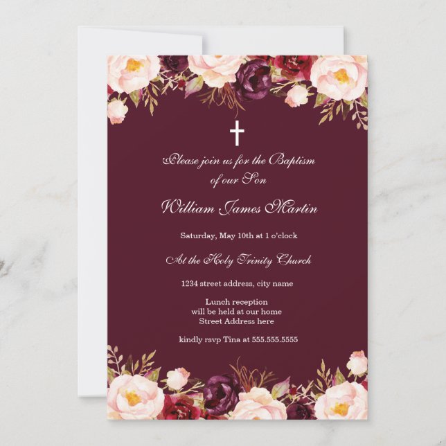Invitation Marsala Rouge Bourgogne Aquarelle Baptême Floral (Devant)