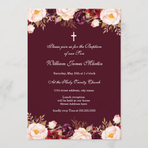 Invitation Marsala Rouge Bourgogne Aquarelle Baptême Floral