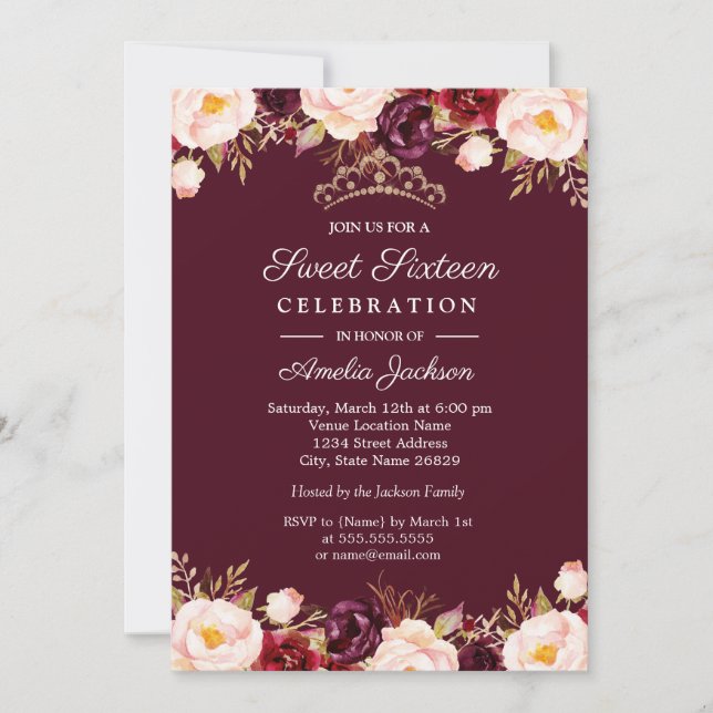 Invitation Marsala Rouge Bourgogne Aquarelle Floral Sweet 16 (Devant)