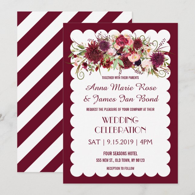 Invitation Marsala Rouge Bourgogne Floral Chic Wedding Invita (Devant / Derrière)