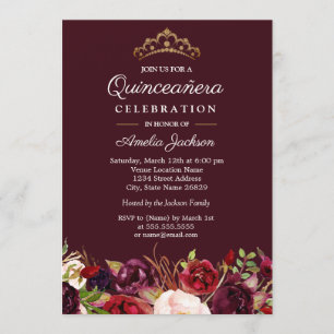Invitation Marsala Rouge Bourgogne Floral Quinceanera Invitat