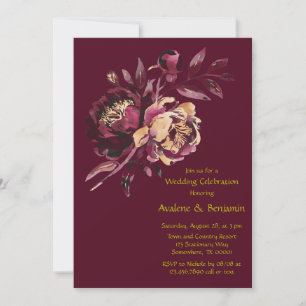 Invitation Marsala Rouge et or Peony Bouquet Mariage
