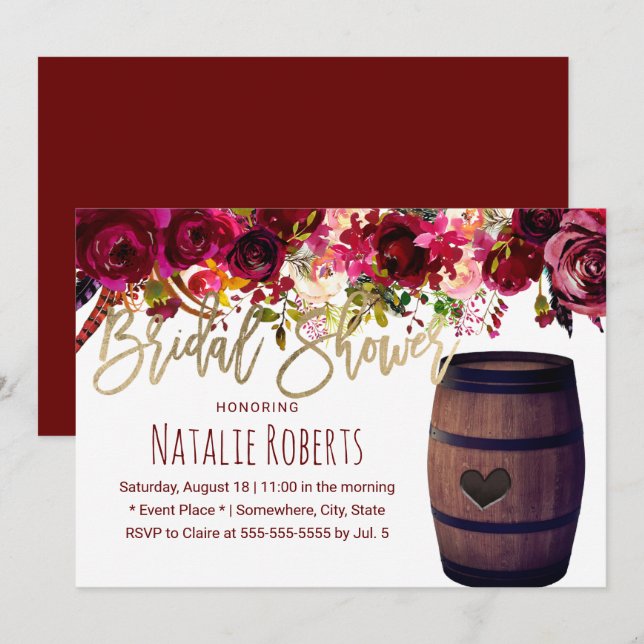 Invitation Marsala Rouge Floral Vin Baril Fête des mariées (Devant / Derrière)