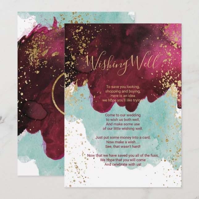 Invitation Marsala Rouge Teal Aquarelle Or Souhaiter La Bienv (Devant / Derrière)