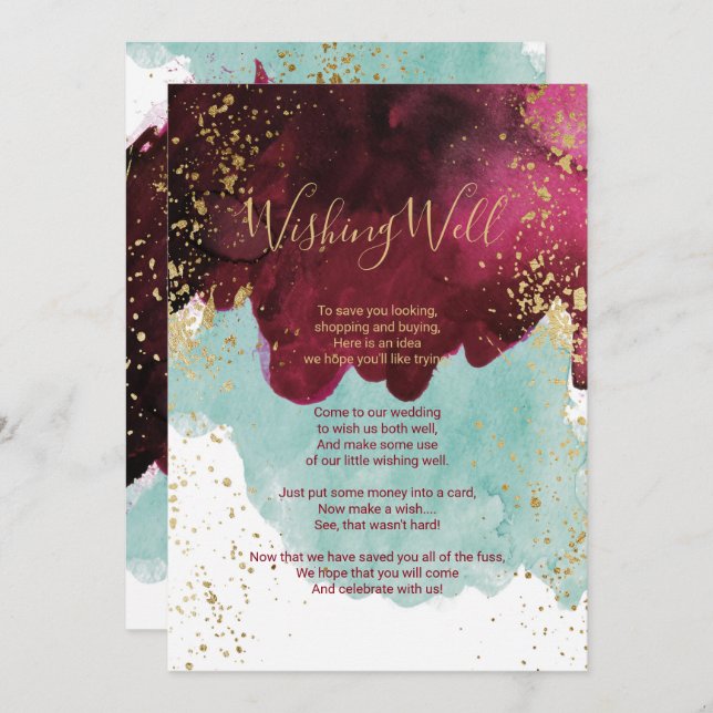 Invitation Marsala Rouge Teal Aquarelle Or Souhaits Profonds (Devant / Derrière)