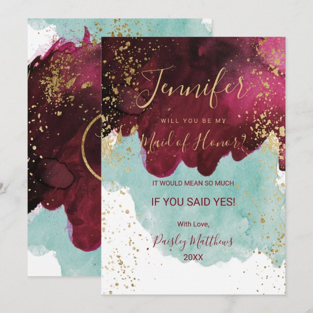 Invitation Marsala Rouge Turquoise Aquarelle or Maid of Honor (Devant / Derrière)