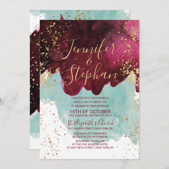 Invitation Marsala Rouge Turquoise Aquarelle or Mariage (Devant / Derrière)