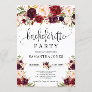 Invitation Marsala rustique bachelorette à or floral bordeaux