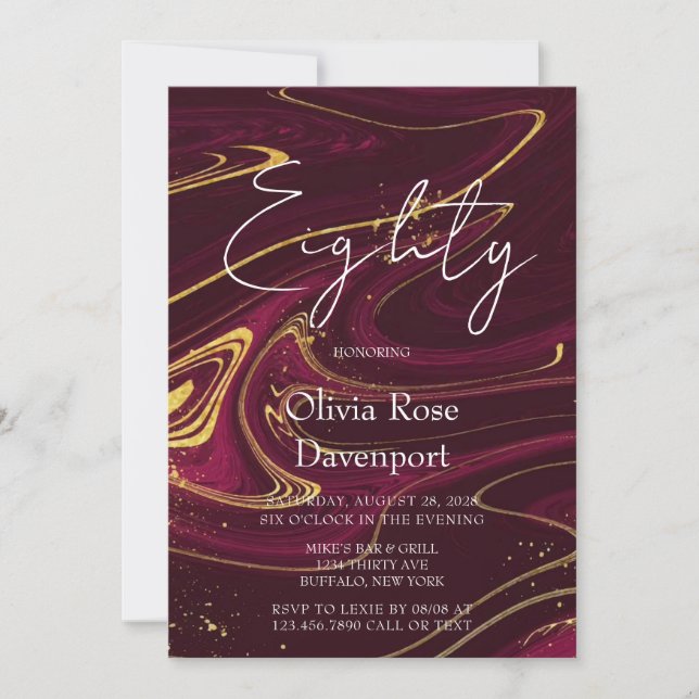 Invitation Marsala Vin Or Encre d'alcool 80e fête d'anniversa (Devant)