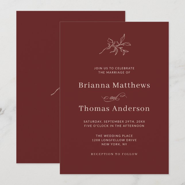 Invitation Marsala Vin Simple Mariage de automne élégant (Devant / Derrière)
