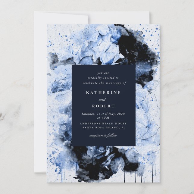 Invitation Marseille Blue Abstrait Floral Mariage (Devant)