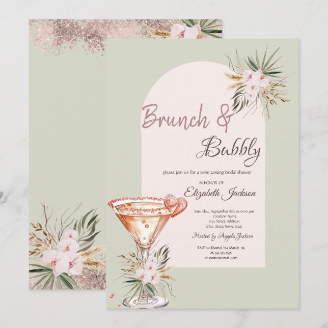 Invitation Martini Heart Boho Fleurs Brunch & Bubbly (Devant / Derrière)