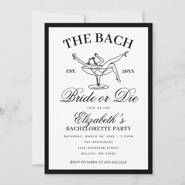 Invitation Martini noir blanc mariée ou die bachelorette (Devant)