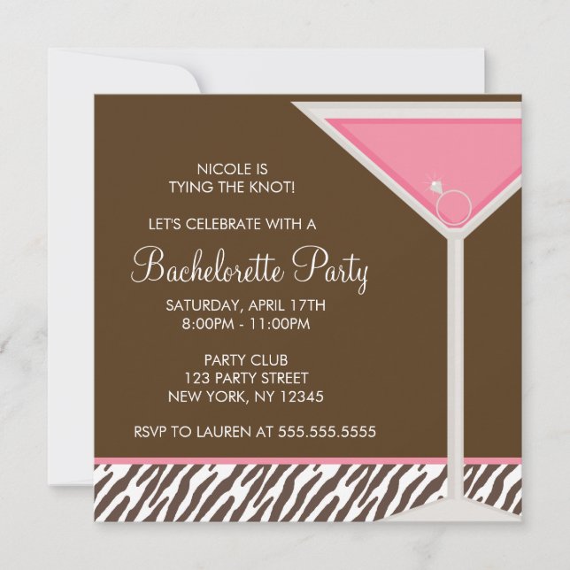 Invitation Martini rose et motif zèbre Brown (Devant)