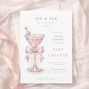 Invitation Martini Rose Poudré Chic Bébé Fille Sip and See