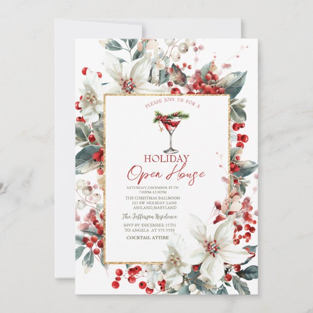 Invitation Martini White Poinsettia Holiday Open House (Devant)