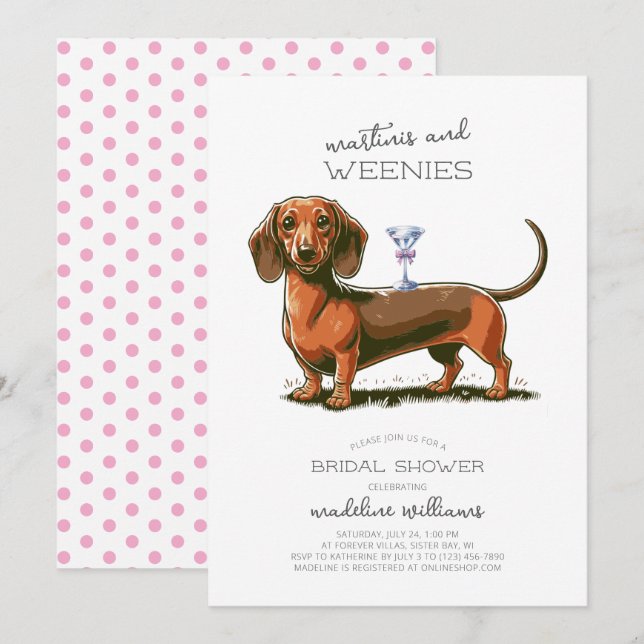 Invitation Martinis et Weenies Fête des mariées Dachshund (Devant / Derrière)