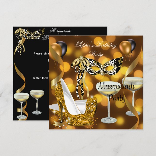 Invitation Mascarade Anniversaire Gold Stiletto Champagne 2 (Devant / Derrière)