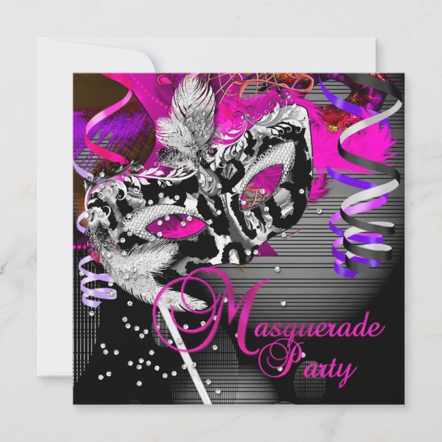 Invitation Mascarade Anniversaire Masque de fête Argent rose  (Devant)